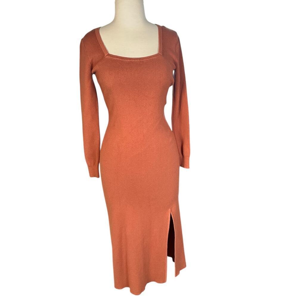 Rachel Zoe Midi Brown Sweater Dress Slit on the Leg Body Con Size Small Stretch